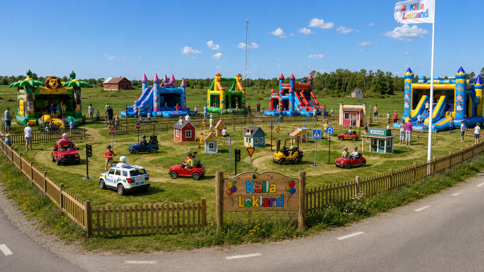 Översiktsbild över Källa Lekplats med elbilar, ministad och stora hoppborgar på norra Öland.